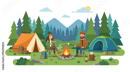 Vector illustration of a happy couple camping in a lush pine forest with mountains, sitting by a cozy campfire roasting marshmallows and reading near two tents.