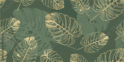 Elegant tropical monstera leaf pattern with gold line art on dark green