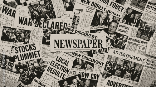 Collage of vintage newspaper clippings with various headlines and photographs