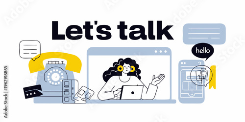 Illustration depicting communication methods video call phone and messaging