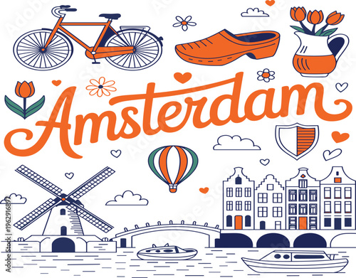 Amsterdam vector illustration set with windmill bicycle canal houses clogs and tulips for city travel