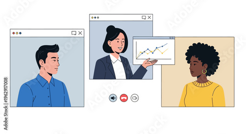 Online Video Conference Meeting Illustration with Diverse Professionals Sharing Data Charts, Remote Work, and Virtual Team Collaboration Concept