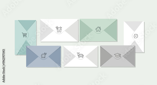 Personal Finance Budgeting Envelopes with Icons for Housing Education and Transportation Categories