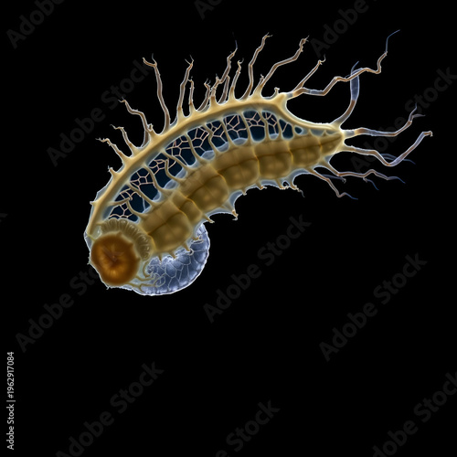 Intricate rotifer silhouette, aquatic zooplankton, sharply detailed, dark backdrop.