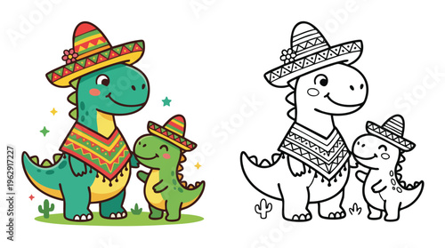 Cinco De Mayo Cute Dinosaurs Wearing Ponchos and Sombreros