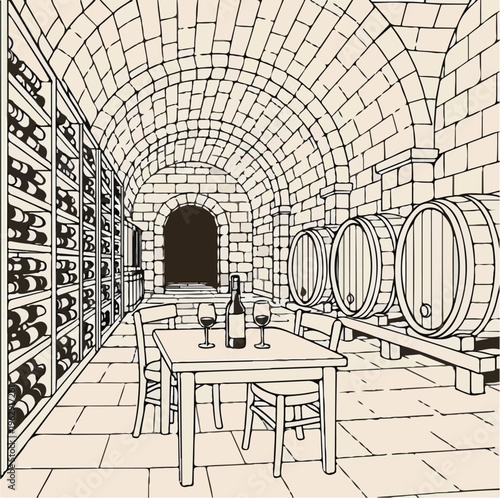 Detailed black and white line art illustration depicting a classic wine cellar storage room with barrels and racks