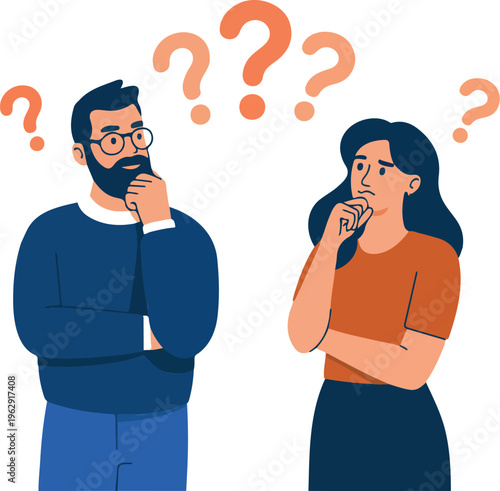 Flat vector illustration of a man and woman standing together thinking and feeling confused with several question marks.