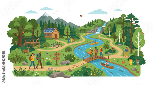 Vibrant vector illustration of people hiking, kayaking, and enjoying nature in a sustainable eco-park with solar powered cabin, mountains, river, green forest