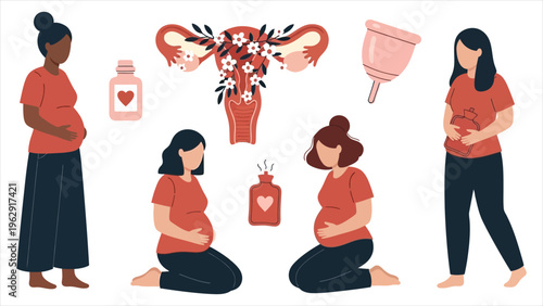  Menstrual Health Illustration Set Women Experiencing Cramps, Using Hot Water Bottles, with Female Reproductive Health and Care Symbols