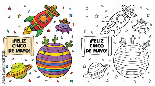 Cinco De Mayo Coloring Page Cartoon Spaceship Sombrero Fun
