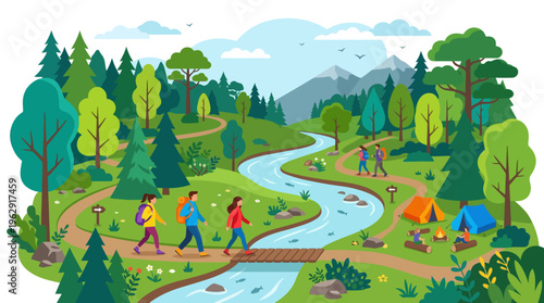 Vector illustration of people hiking on a forest trail near a winding river with mountains in the background and a campsite featuring tents and a campfire.