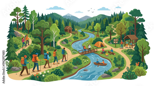 Colorful flat vector illustration of a scenic mountain landscape featuring hikers, camping by a river, boating, and various outdoor leisure nature activities.