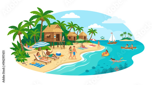 Tropical Beach Resort Illustration with People Relaxing, Sunbathing, Swimming, Snorkeling, and Enjoying Summer Vacation in a Paradise Island Setting with Palms.