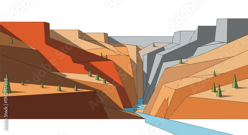 A geometric illustration of a canyon scene with a river and trees