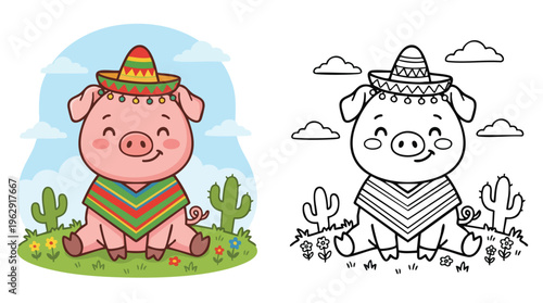 Cinco De Mayo Pig Coloring Page Adorable Cartoon Character with Sombrero