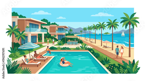 Luxury tropical resort vector illustration with people relaxing by a blue swimming pool and beautiful sandy beach with palm trees and ocean views on sunny day.