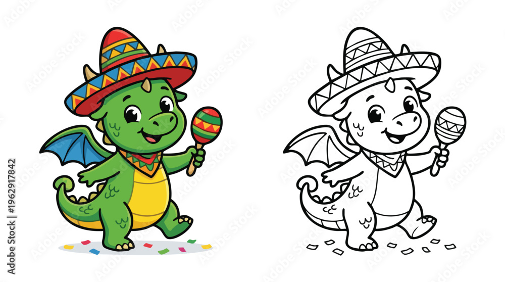 Fototapeta premium Cinco De Mayo Dragon Holding a Maraca Coloring Page Activity
