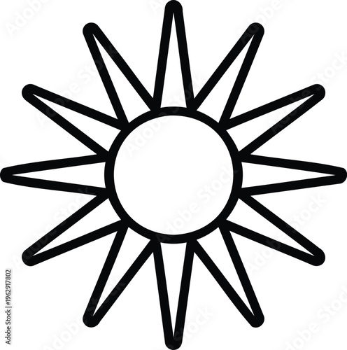 A stylized black and white illustration of a radiant sun with numerous rays extending outward Vector, illustration