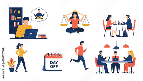 Work-Life Balance Illustration Remote Work, Office Collaboration, and Modern Workplace Dynamics Highlighting Employee Well-Being