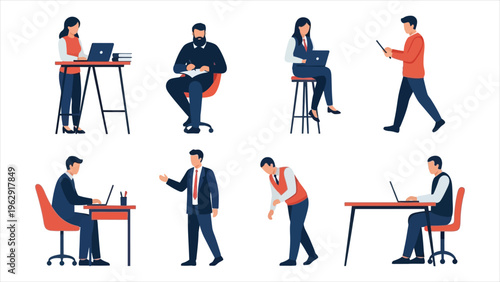 Workplace Illustration Diverse Individuals Engaged in Work Activities, Seated and Standing