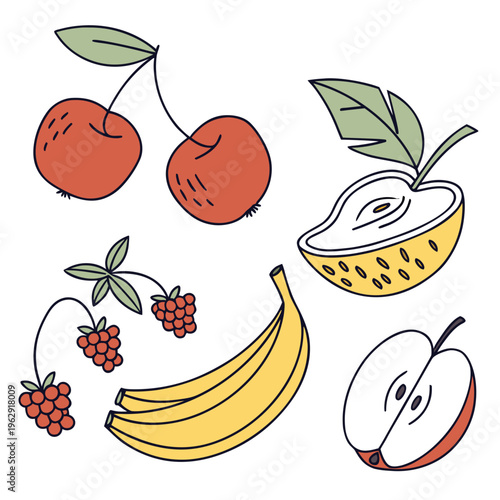 A set of fruit icons with leaves