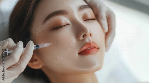 Plastic surgeon touching and examining facial skin of a Asian female,Woman face being checked doctor hands to cosmetic surgery,rhinoplasty surgery in clinic, generative ai,3d render.