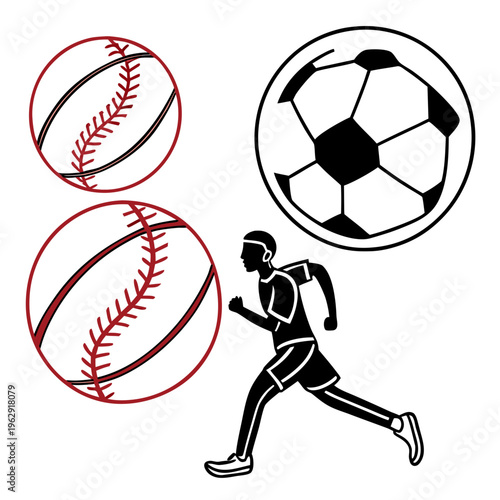 A man running with baseballs and a soccer ball