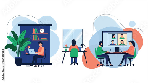 Dynamic Workplace Illustration Remote Work, Office Tasks, and Virtual Meetings for Hybrid Teams