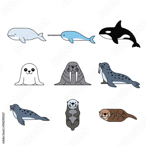 A collection of nine cute cartoon marine mammals including whales, seals, walrus, and sea otters, isolated on a white background.