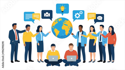 Global Team Collaboration Illustration Diverse Professionals Sharing Ideas and Working on Laptops