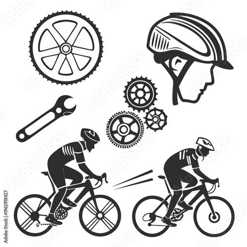 Black and white illustration of bicycle riders and bike parts
