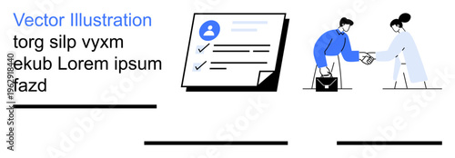 Business transactions, partnership deals, identity verification, human interaction, document review, professional collaboration. Person reviewing a profile and two people shaking hands. Business