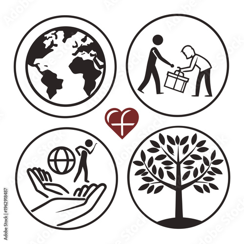 Tableau sur toile Charity icons with earth, helping hands, tree and heart