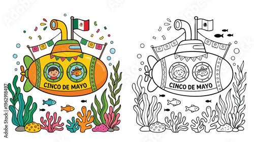 Cinco De Mayo Submarine Coloring Page with Underwater Ocean Life