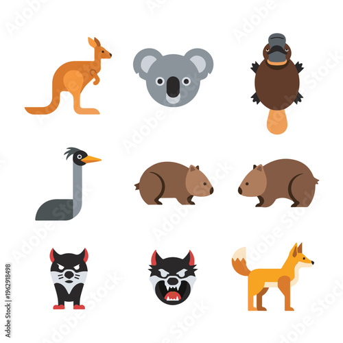 Australian Animals and Wildlife Flat Vector Icon Set - Endemic Fauna Collection