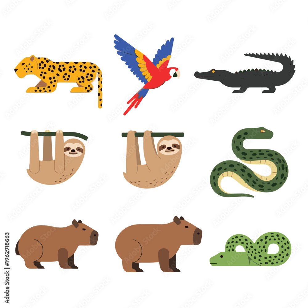 Obraz premium Collection of cartoon jungle animals including jaguar, macaw, crocodile, sloths, capybaras, and snakes on a white background.