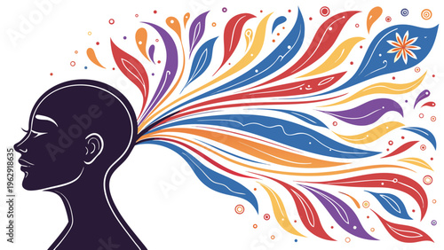A vibrant silhouette of a person’s head with colorful, flowing hair transforming into abstract shapes and patterns