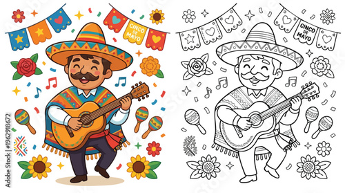 Cinco De Mayo Mariachi Player with Guitar Coloring Page Vector Illustration for Children