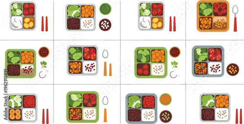 Healthy bento lunch boxes collection flat vector illustration balanced meal containers with vegetables grains beans and nutritious food portions set