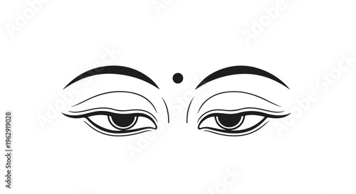 A close-up illustration of a person's eyes with a bindi between the eyebrows, conveying a serene and spiritual mood with simple lines on a white background, related to Buddha Purnima.