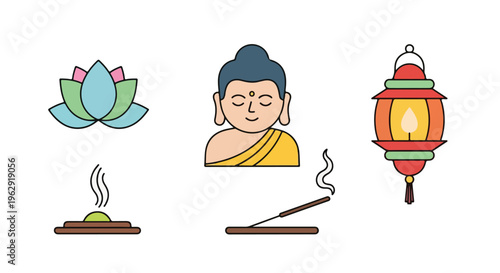 Flat lay illustration of a Buddha head, lotus flower, lantern, incense stick, and burning incense cone on a white background, conveying a peaceful and spiritual mood for Buddha Purnima.
