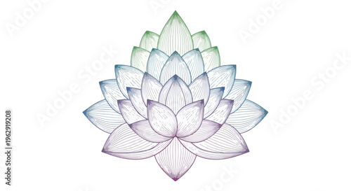 A stylized lotus flower with pastel purple, blue, and green hues against a clean white background, conveying a sense of serenity and cultural significance on Buddha Purnima.