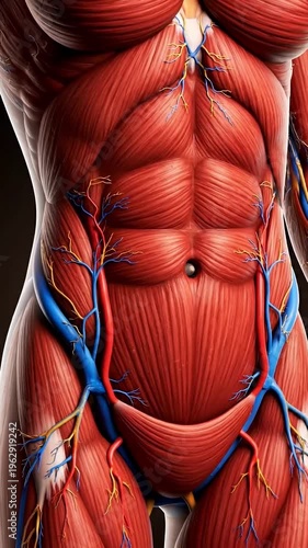 Human anatomy of the abdomen displaying the layers of fat over the stomach muscles being reduced to show a fit and athletic physique