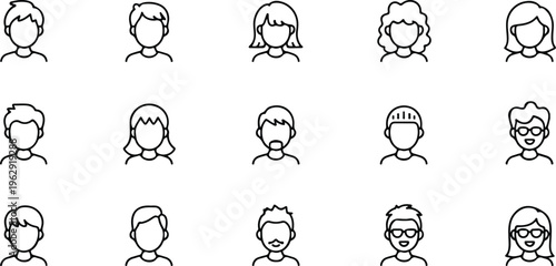 Set of minimalist line art vector icons featuring diverse faceless male and female avatars for user profile interface design.