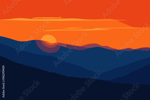 beautiful smoky mountain horizon sunset view landscape nature background flat color vector illustration template design