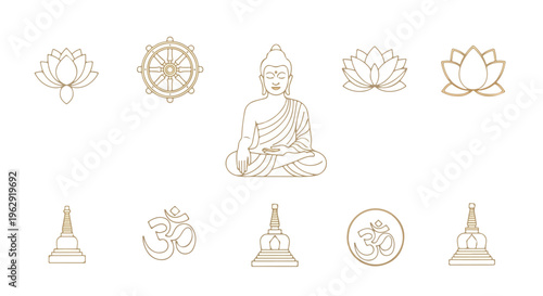 Golden line art illustration of Buddha and various Buddhist symbols including lotus flowers and stupas on a white background for Buddha Purnima celebrations.
