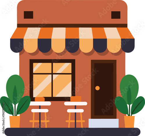 Cartoon coffee shop facade with plants and outdoor tables