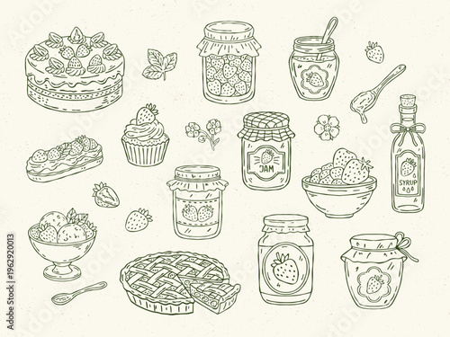 Hand drawn vector strawberry dessert set: cake, pie, pastry, eclair, ice cream scoops, jam jars, berries, and syrup. Perfect for bakery, menu, packaging, and sweet design projects