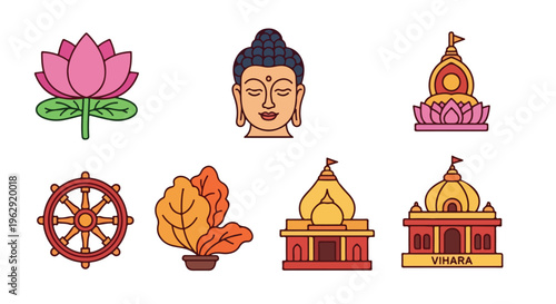 Buddha Purnima celebration icons featuring a pink lotus flower, Buddha head, stupa, dharmachakra, Bodhi leaf, temple and Shrine against a white background with warm, religious tones.