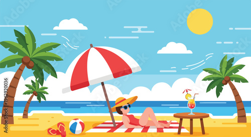 A person enjoys a day on a beach under a parasol